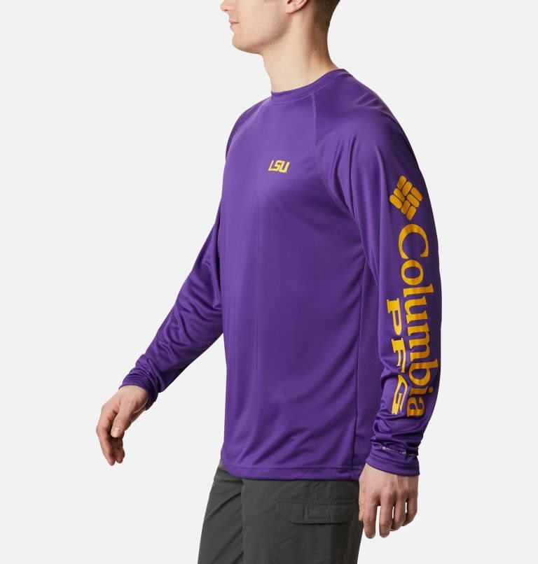 Men's Columbia Collegiate PFG Terminal Tackle Long Sleeve - LSU Sweatshirts Purple | CA-P6L85