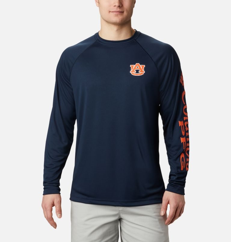Men\'s Columbia Collegiate PFG Terminal Tackle Long Sleeve - Auburn Sweatshirts Navy | CA-VC1A5