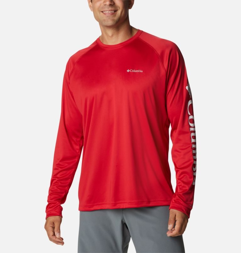 Men\'s Columbia Fork Stream Long Sleeve Sweatshirts Red | CA-G0A41