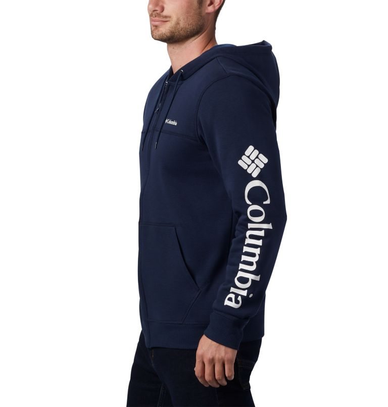 Men's Columbia Logo Full Zip Fleece Hoodie Navy | CA-BL504