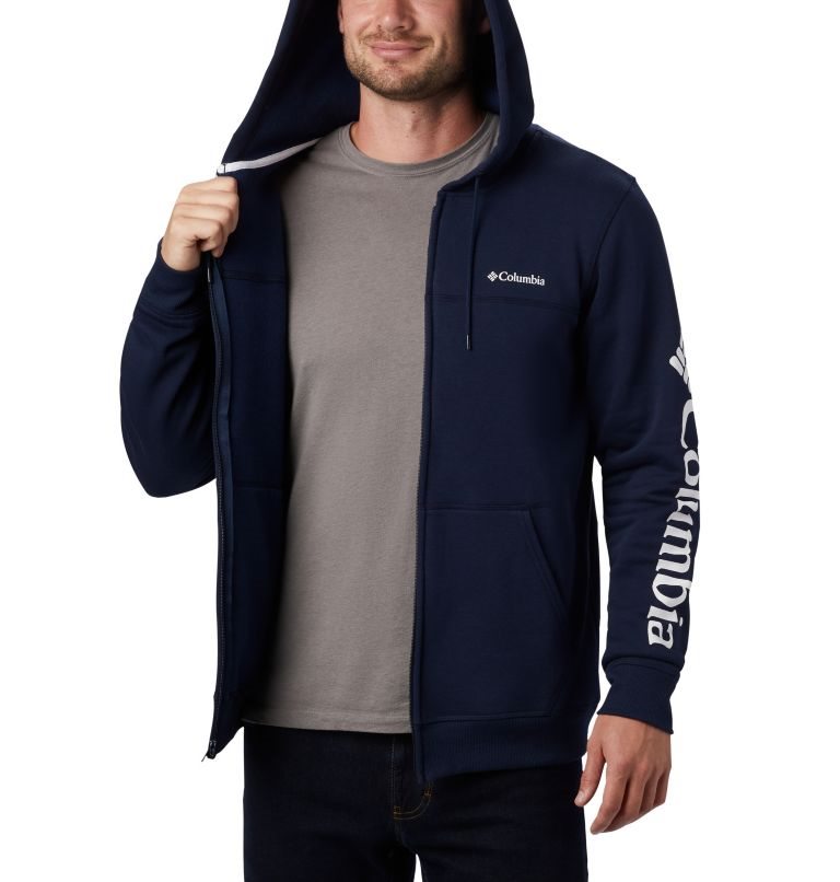 Men's Columbia Logo Full Zip Fleece Hoodie Navy | CA-BL504