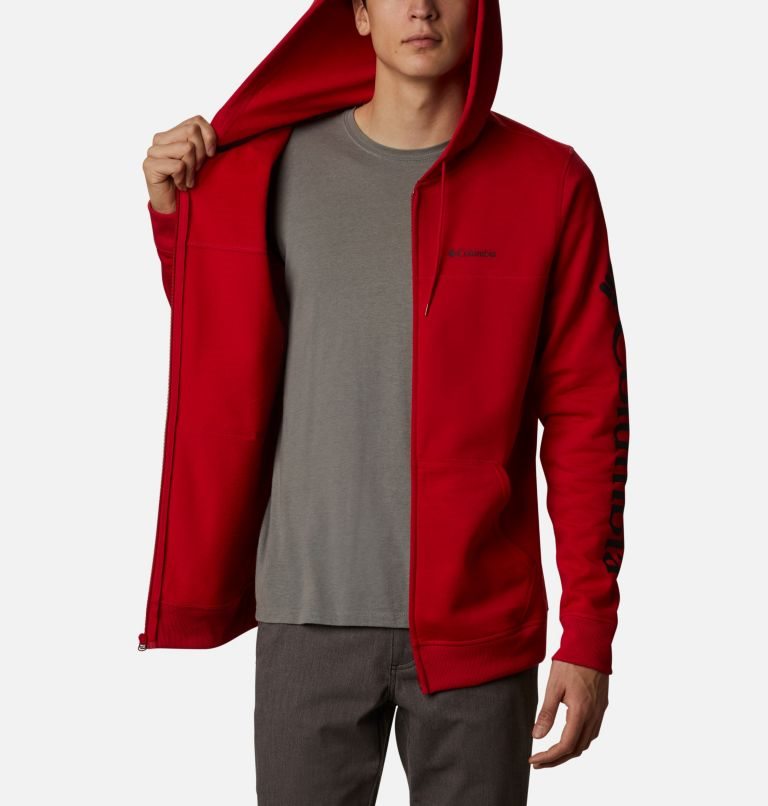 Men's Columbia Logo Full Zip Fleece Hoodie Red | CA-J486A