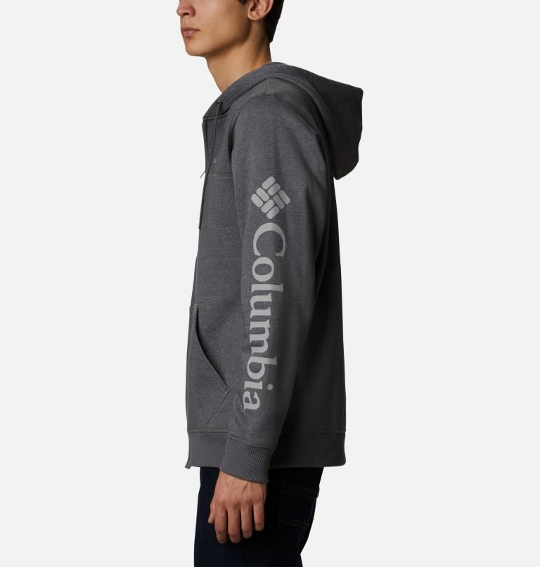 Men's Columbia Logo Full Zip Fleece Hoodie Dark Grey | CA-U56AC