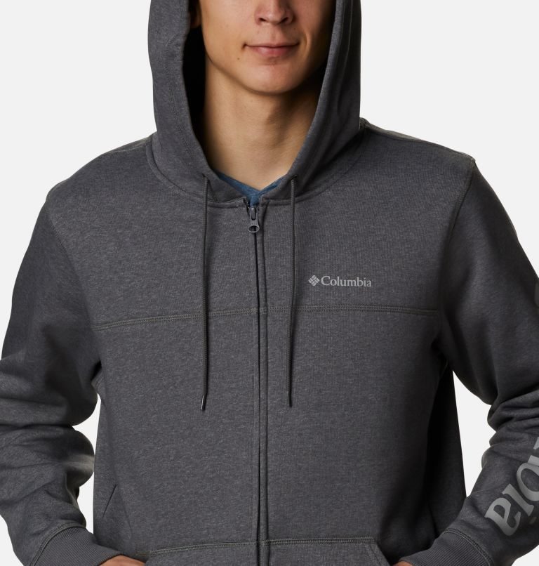 Men's Columbia Logo Full Zip Fleece Hoodie Dark Grey | CA-U56AC