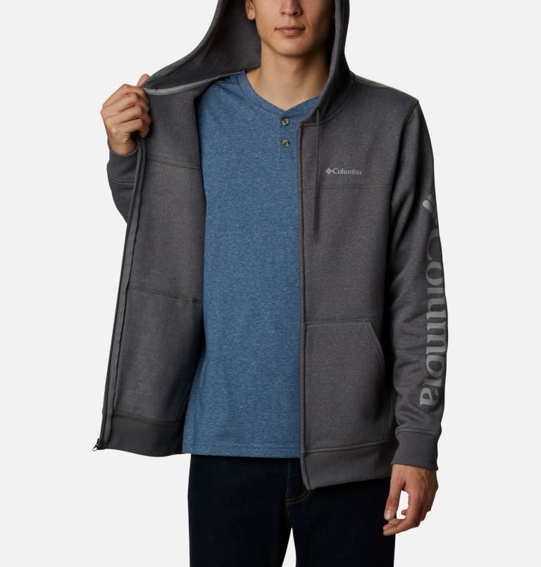 Men's Columbia Logo Full Zip Fleece Hoodie Dark Grey | CA-U56AC