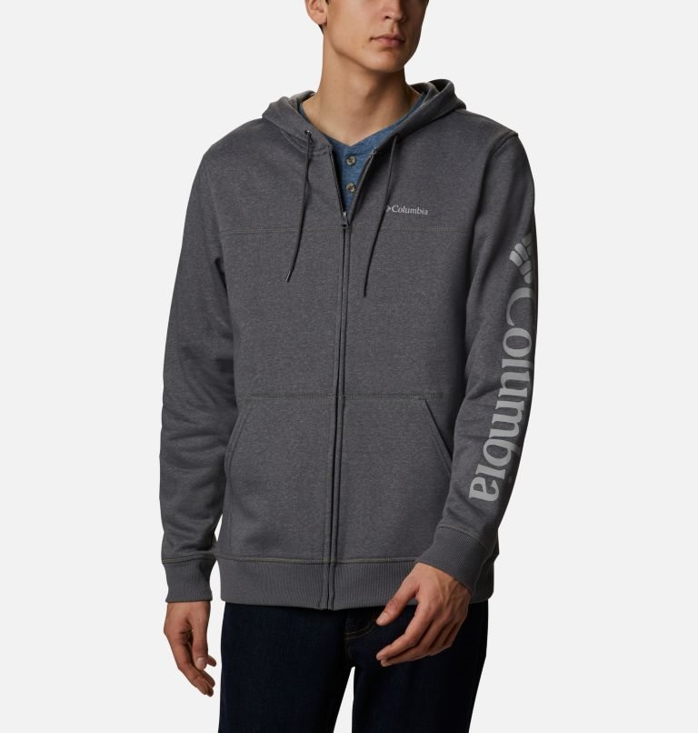 Men\'s Columbia Logo Full Zip Fleece Hoodie Dark Grey | CA-U56AC