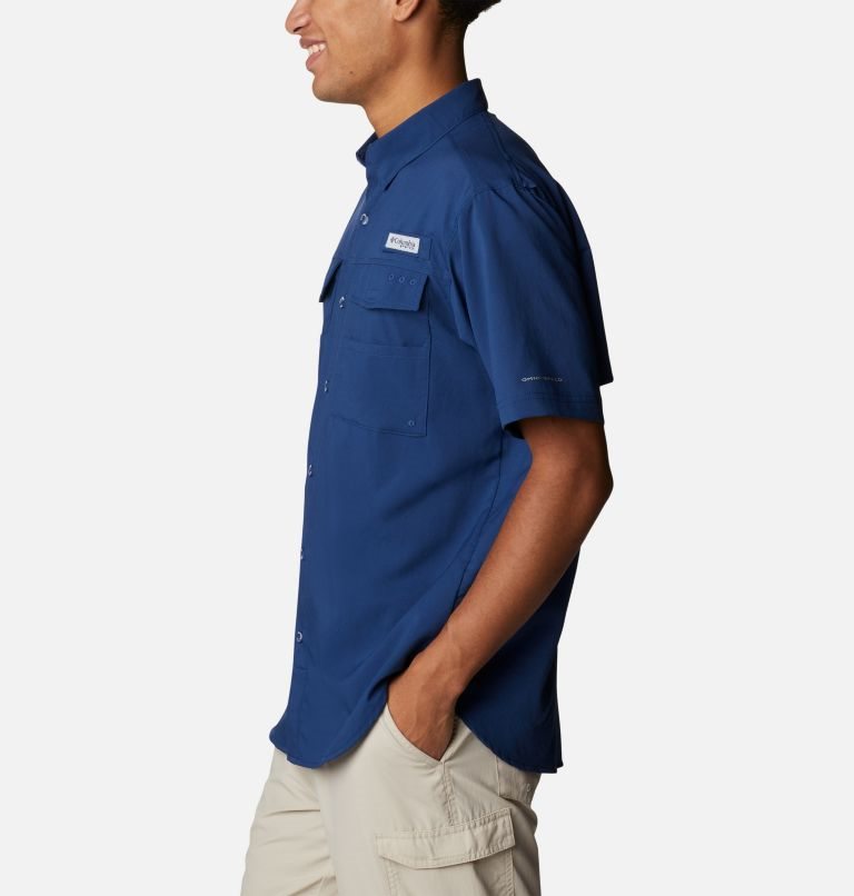 Men's Columbia PFG Blood and Guts IV Woven Short Sleeve Shirts Navy | CA-E8ACL