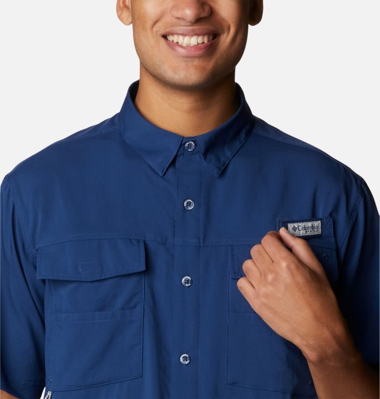 Men's Columbia PFG Blood and Guts IV Woven Short Sleeve Shirts Navy | CA-E8ACL