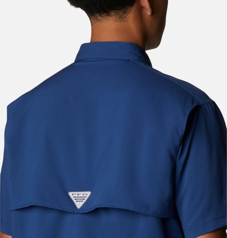 Men's Columbia PFG Blood and Guts IV Woven Short Sleeve Shirts Navy | CA-E8ACL