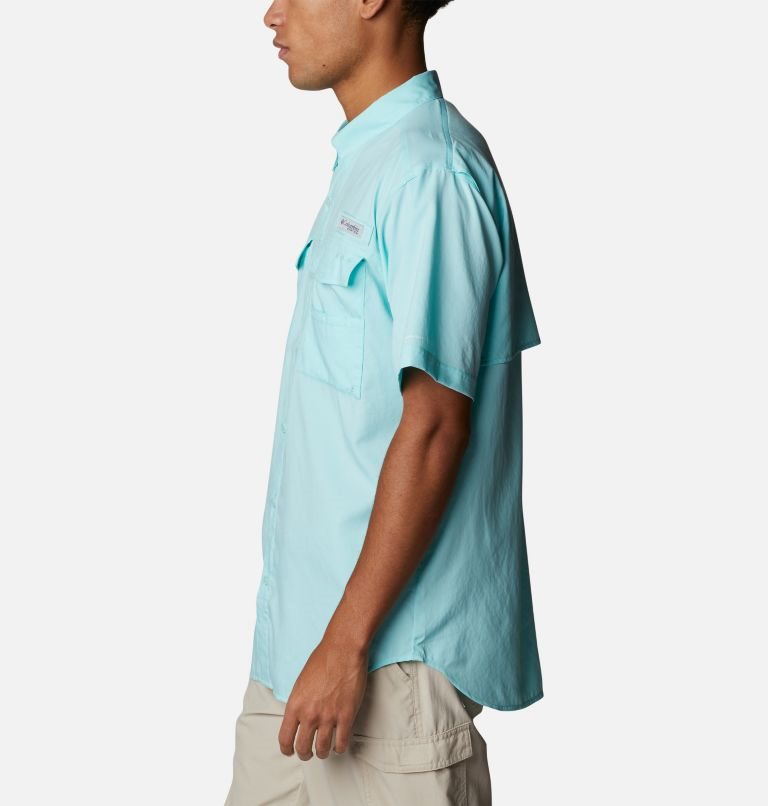 Men's Columbia PFG Blood and Guts IV Woven Short Sleeve Shirts Turquoise | CA-Y83CL