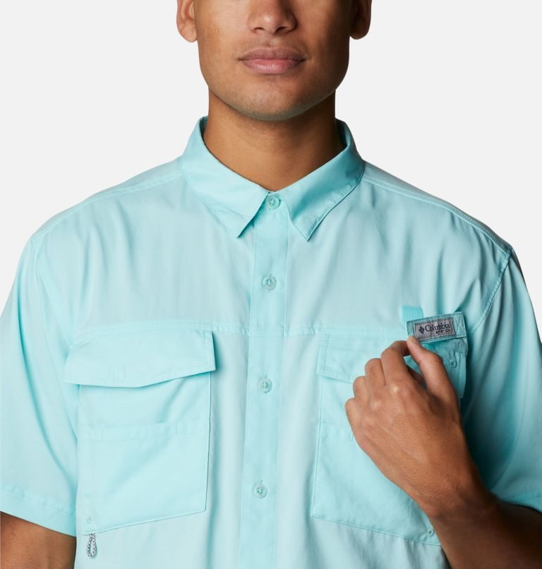 Men's Columbia PFG Blood and Guts IV Woven Short Sleeve Shirts Turquoise | CA-Y83CL