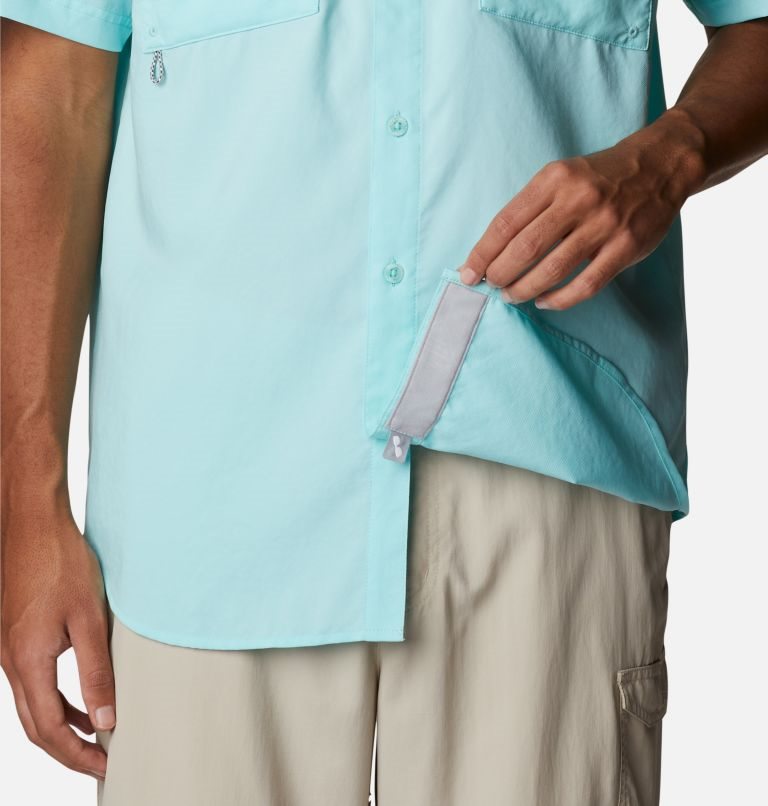 Men's Columbia PFG Blood and Guts IV Woven Short Sleeve Shirts Turquoise | CA-Y83CL