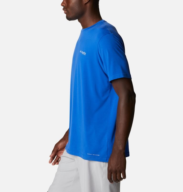 Men's Columbia PFG Boat Badge Tech Short Sleeve T Shirts Blue | CA-MC0L5