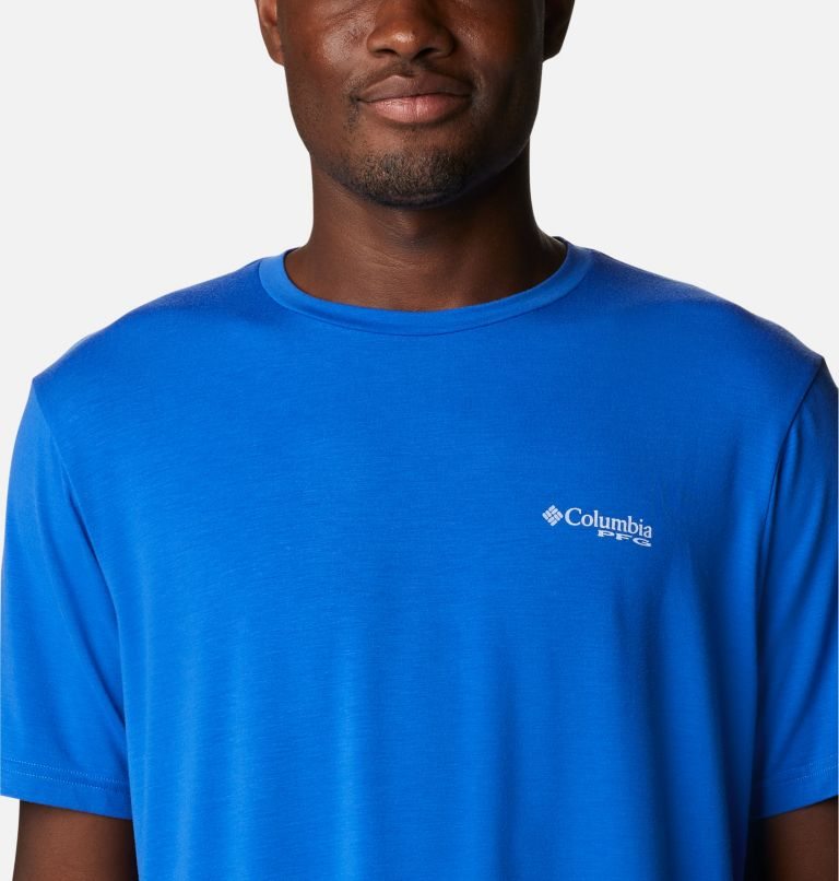 Men's Columbia PFG Boat Badge Tech Short Sleeve T Shirts Blue | CA-MC0L5
