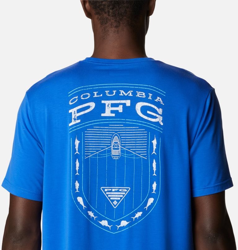 Men's Columbia PFG Boat Badge Tech Short Sleeve T Shirts Blue | CA-MC0L5