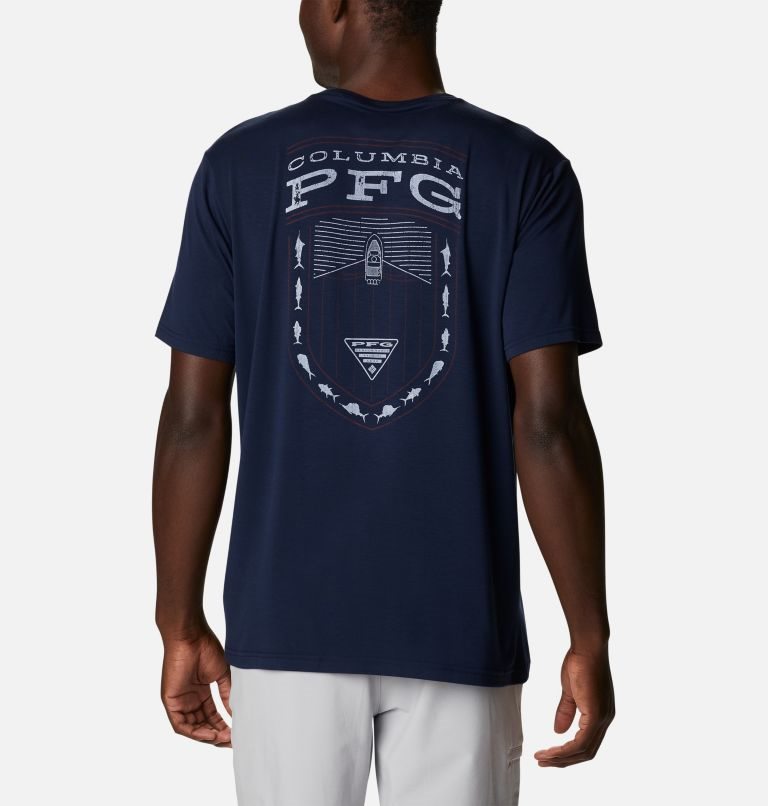 Men\'s Columbia PFG Boat Badge Tech Short Sleeve T Shirts Navy | CA-Y68L0