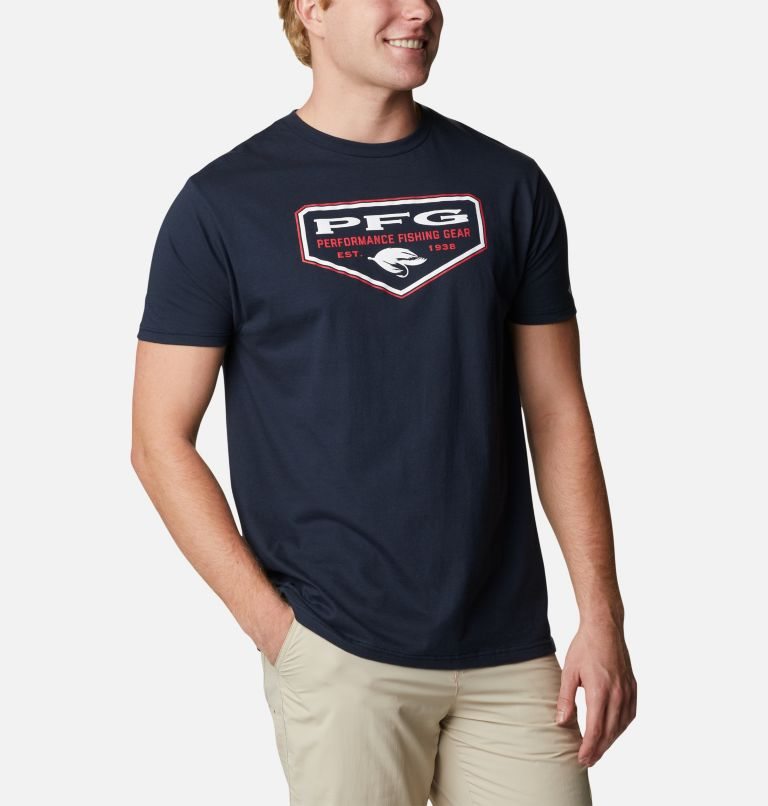 Men's Columbia PFG Crisp Graphic T Shirts Navy | CA-WA354