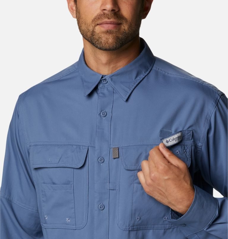 Men's Columbia PFG Drift Guide Woven Long Sleeve Shirts Blue | CA-N3AL5