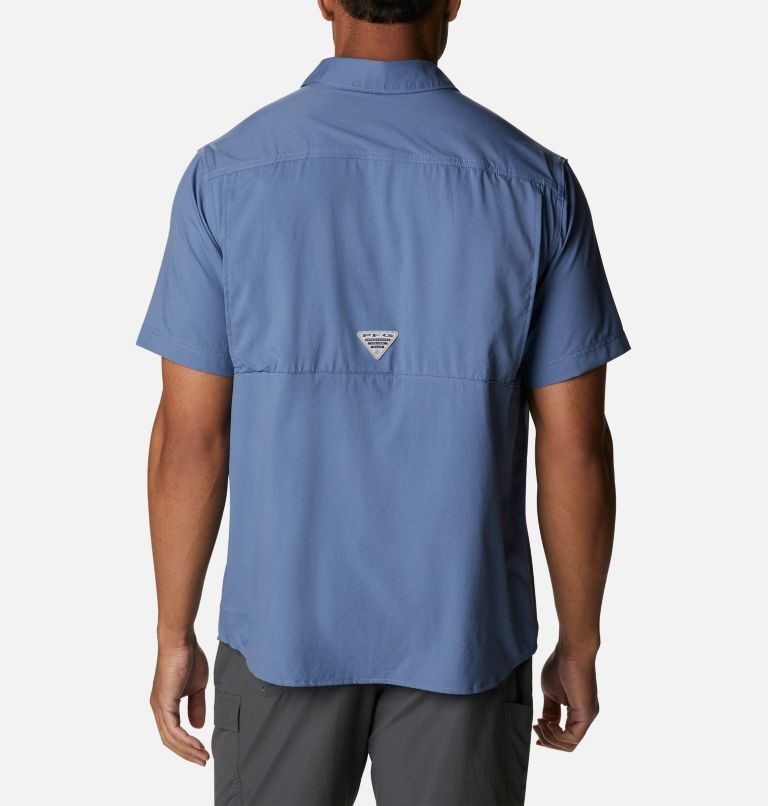 Men's Columbia PFG Drift Guide Woven Short Sleeve Shirts Blue | CA-A41C5