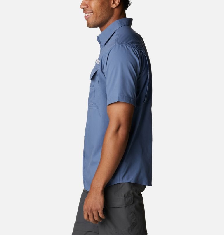 Men's Columbia PFG Drift Guide Woven Short Sleeve Shirts Blue | CA-A41C5