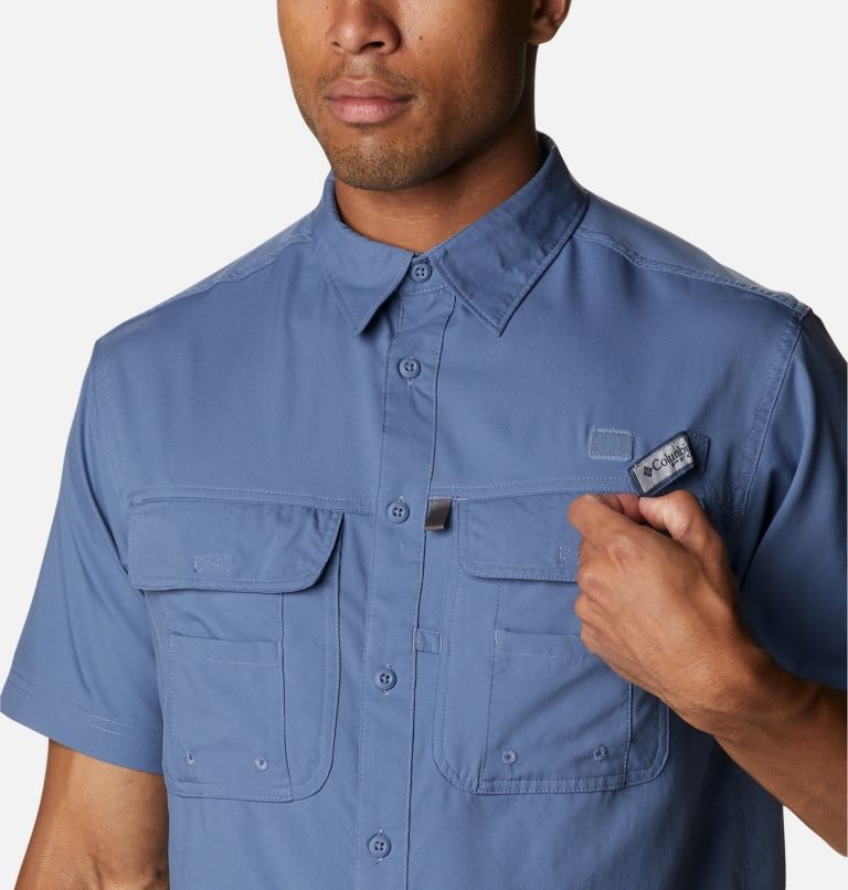 Men's Columbia PFG Drift Guide Woven Short Sleeve Shirts Blue | CA-A41C5