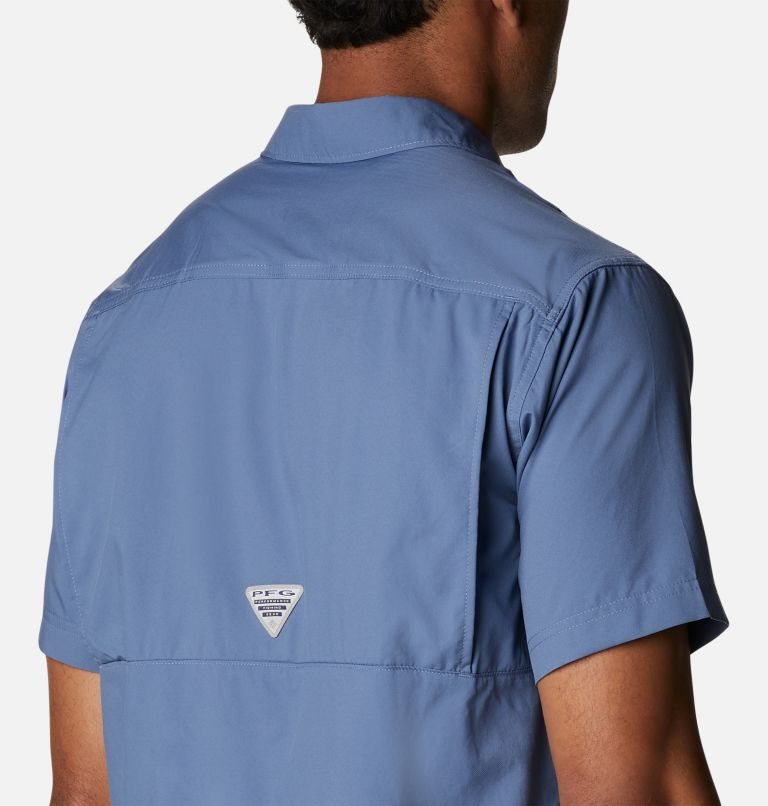 Men's Columbia PFG Drift Guide Woven Short Sleeve Shirts Blue | CA-A41C5