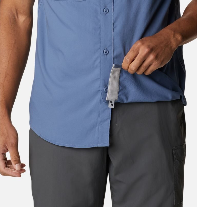 Men's Columbia PFG Drift Guide Woven Short Sleeve Shirts Blue | CA-A41C5