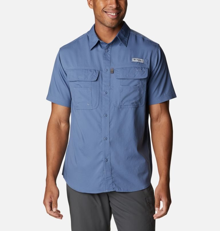 Men\'s Columbia PFG Drift Guide Woven Short Sleeve Shirts Blue | CA-A41C5