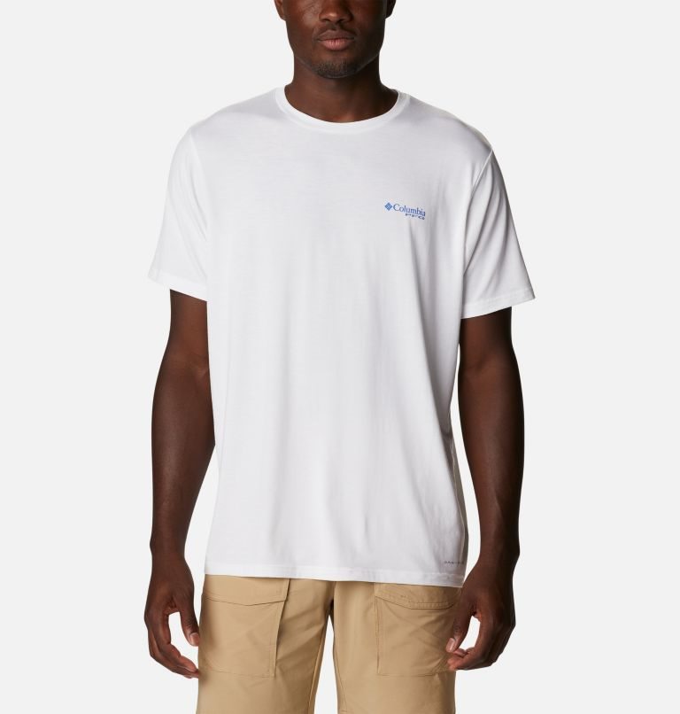 Men's Columbia PFG Fish Flag Tech Short Sleeve T Shirts White | CA-LAC18