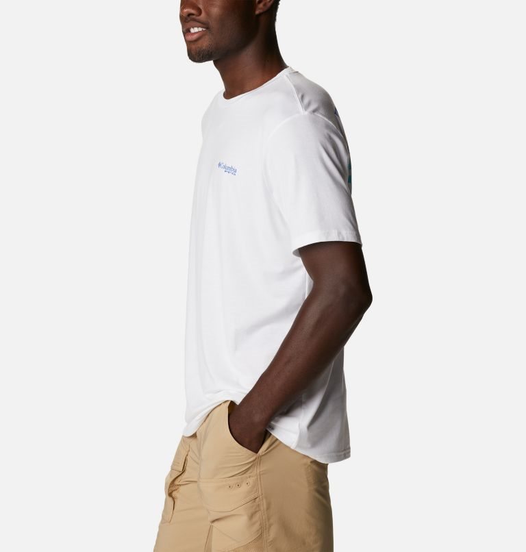 Men's Columbia PFG Fish Flag Tech Short Sleeve T Shirts White | CA-LAC18