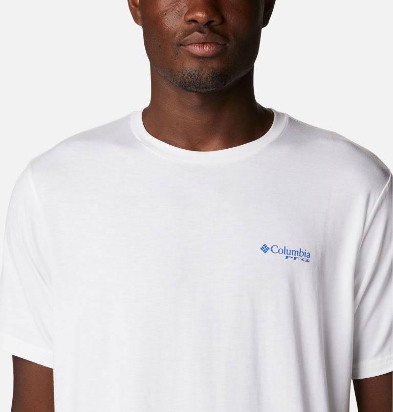 Men's Columbia PFG Fish Flag Tech Short Sleeve T Shirts White | CA-LAC18