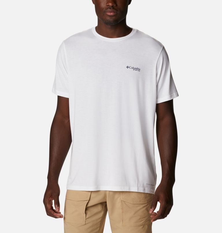 Men's Columbia PFG Fish Flag Tech Short Sleeve T Shirts White | CA-MC450