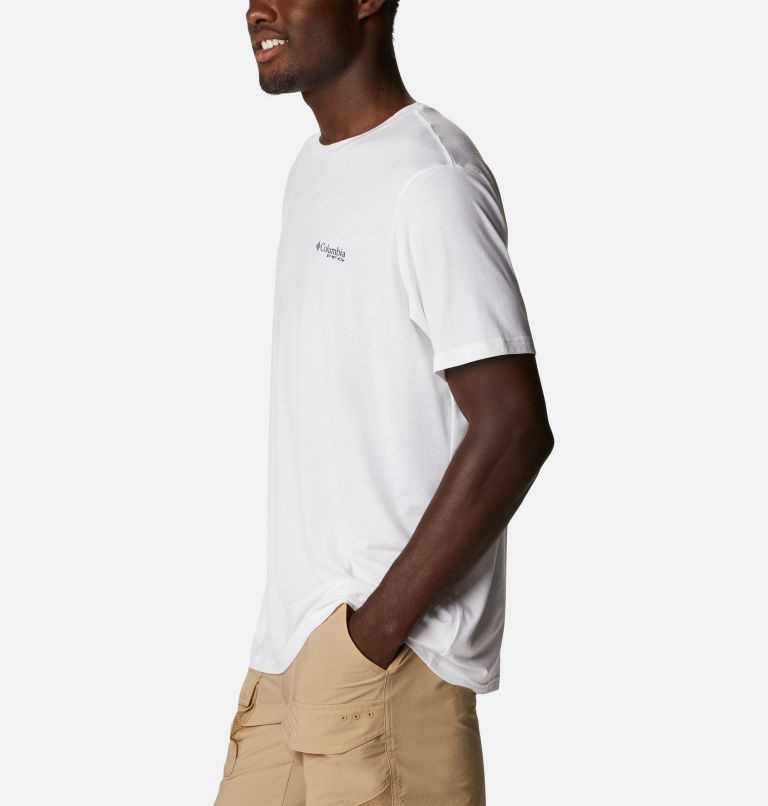 Men's Columbia PFG Fish Flag Tech Short Sleeve T Shirts White | CA-MC450