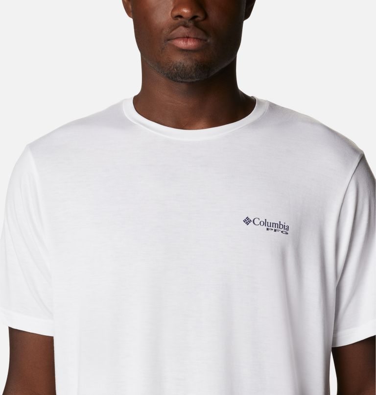 Men's Columbia PFG Fish Flag Tech Short Sleeve T Shirts White | CA-MC450