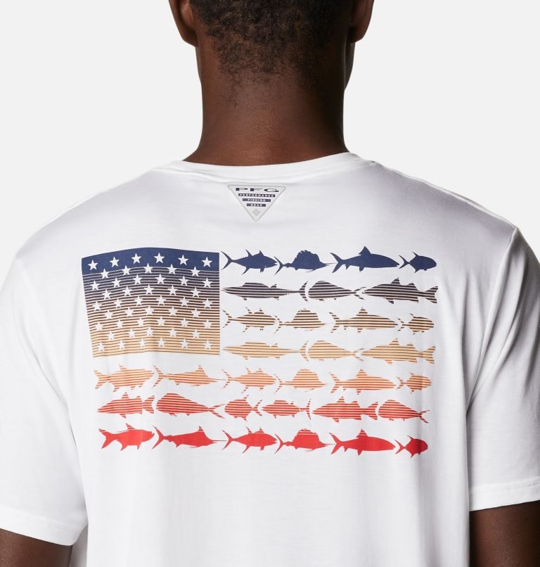 Men's Columbia PFG Fish Flag Tech Short Sleeve T Shirts White | CA-MC450
