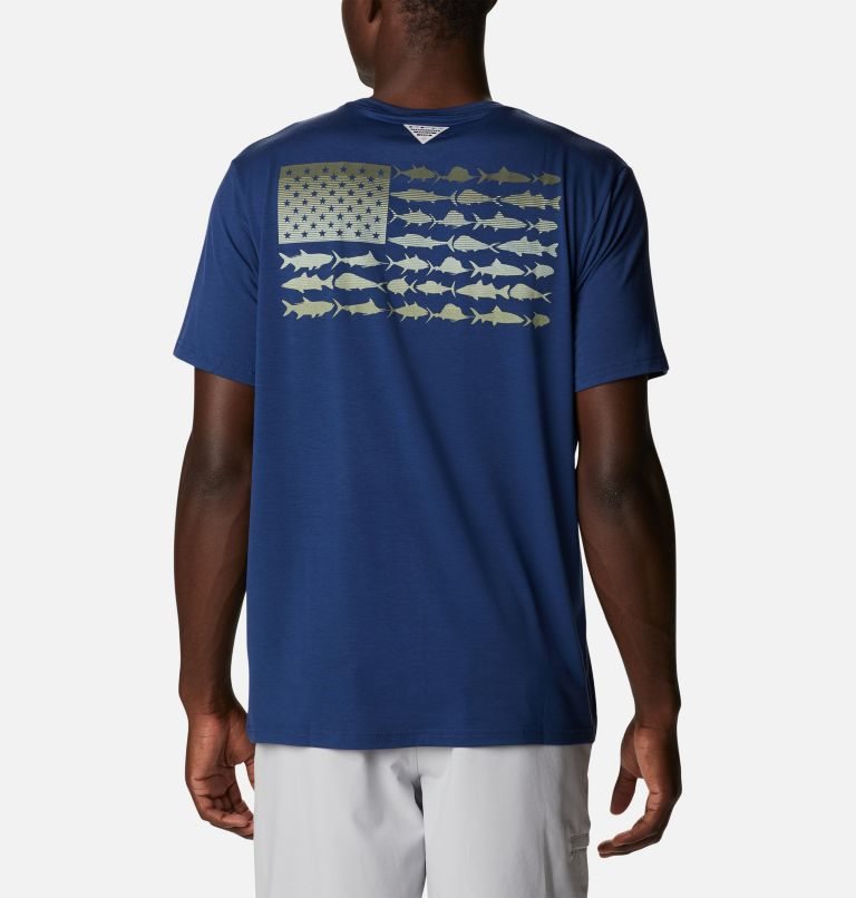 Men's Columbia PFG Fish Flag Tech Short Sleeve T Shirts Navy | CA-V1L54