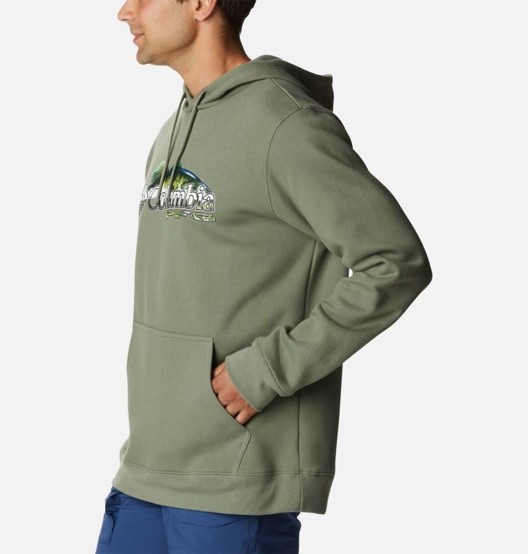 Men's Columbia PFG Fish Logo Hoodie Olive | CA-DL05C