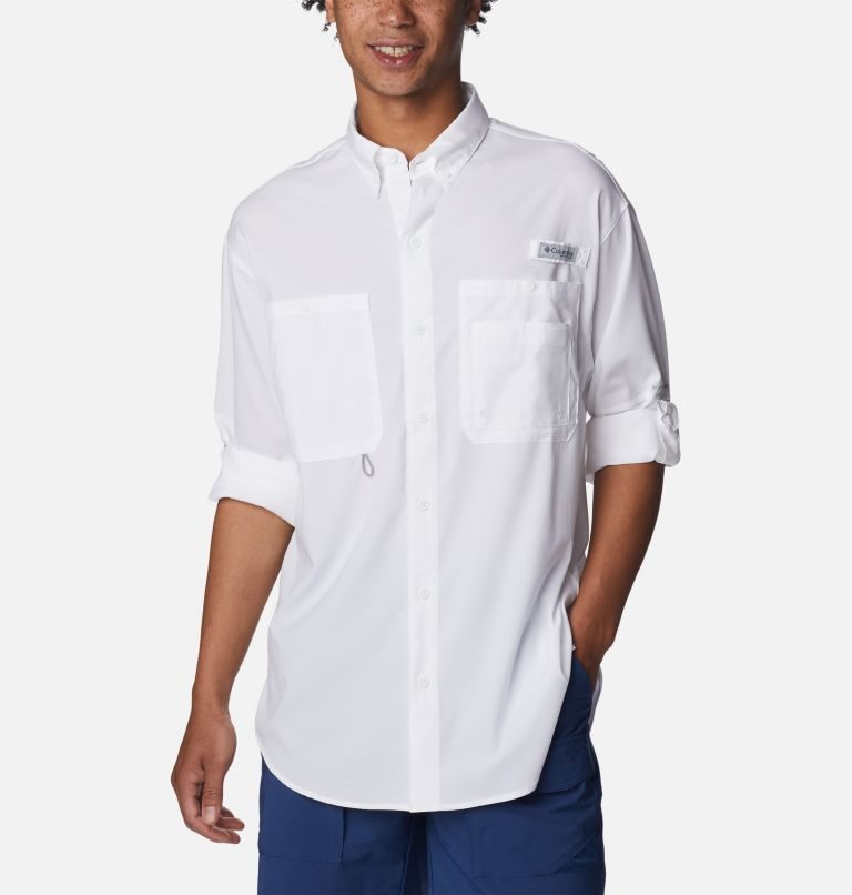 Men's Columbia PFG Jekyll Island Long Sleeve Shirts White | CA-E4380