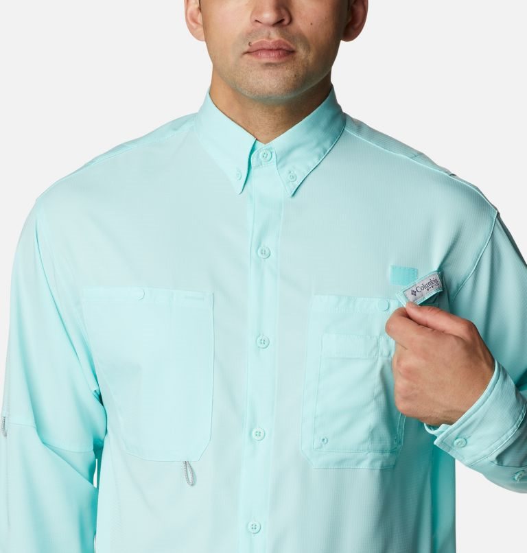 Men's Columbia PFG Jekyll Island Long Sleeve Shirts Turquoise | CA-V501A