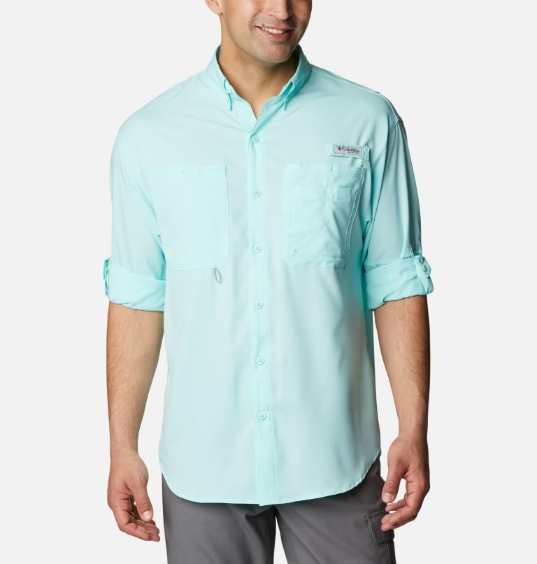 Men's Columbia PFG Jekyll Island Long Sleeve Shirts Turquoise | CA-V501A