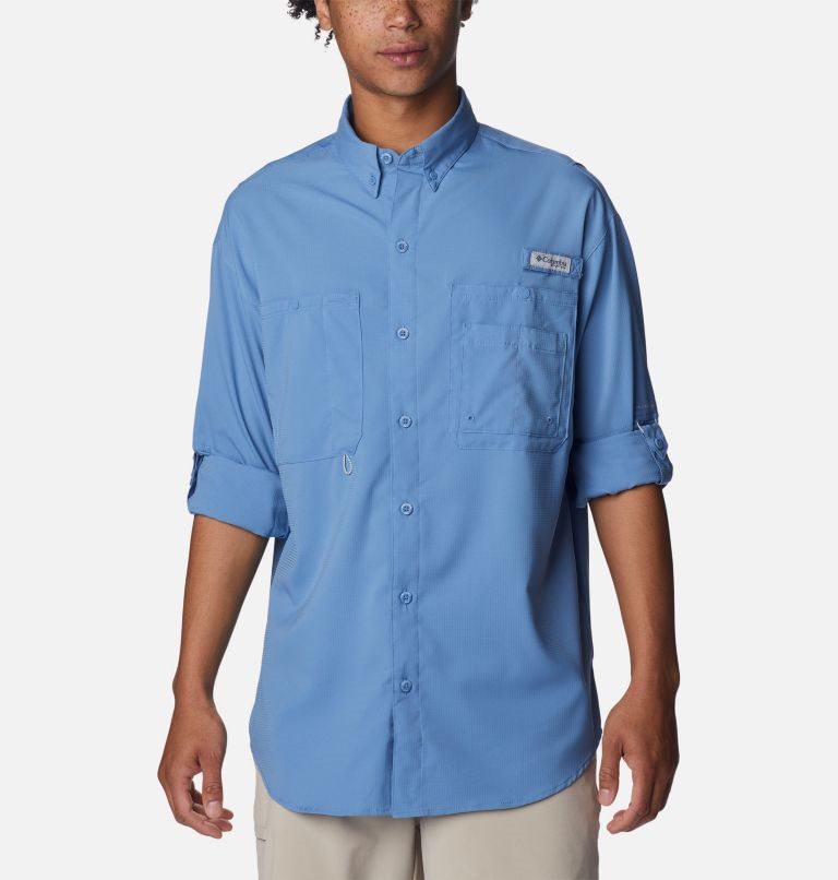 Men's Columbia PFG Jekyll Island Long Sleeve Shirts Blue | CA-YA134