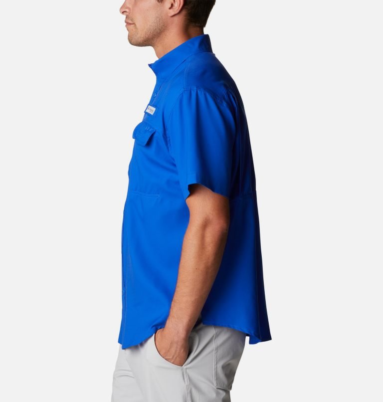 Men's Columbia PFG Skiff Guide Woven Short Sleeve Shirts Blue | CA-Y85C6