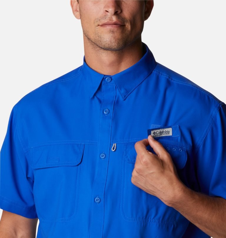 Men's Columbia PFG Skiff Guide Woven Short Sleeve Shirts Blue | CA-Y85C6