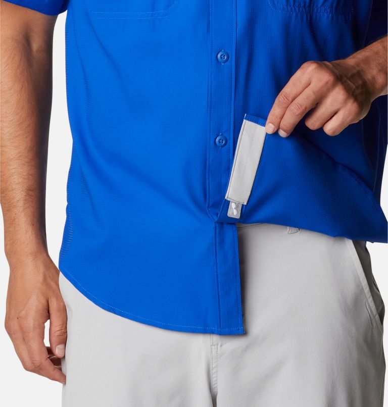 Men's Columbia PFG Skiff Guide Woven Short Sleeve Shirts Blue | CA-Y85C6