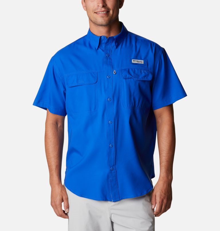 Men\'s Columbia PFG Skiff Guide Woven Short Sleeve Shirts Blue | CA-Y85C6