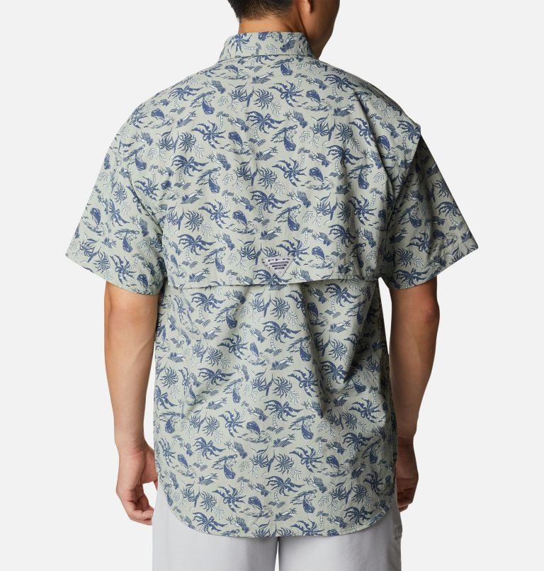 Men's Columbia PFG Super Bahama Short Sleeve Shirts Grey / Navy | CA-C63C0