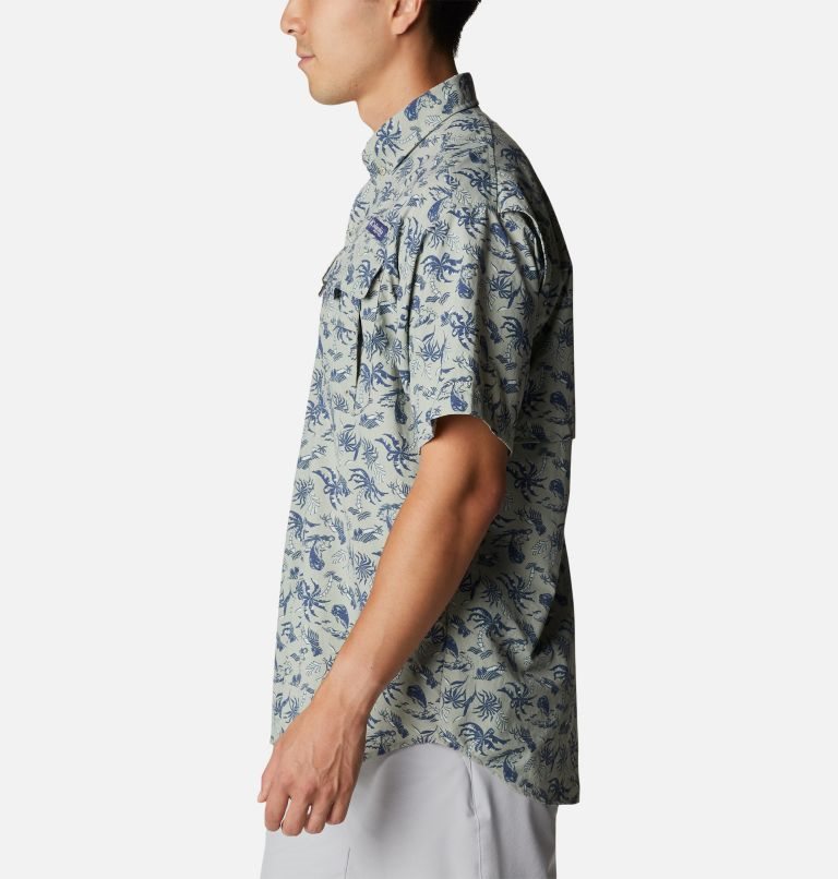 Men's Columbia PFG Super Bahama Short Sleeve Shirts Grey / Navy | CA-C63C0