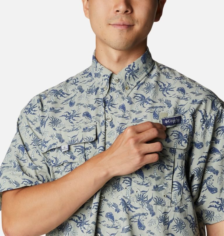 Men's Columbia PFG Super Bahama Short Sleeve Shirts Grey / Navy | CA-C63C0