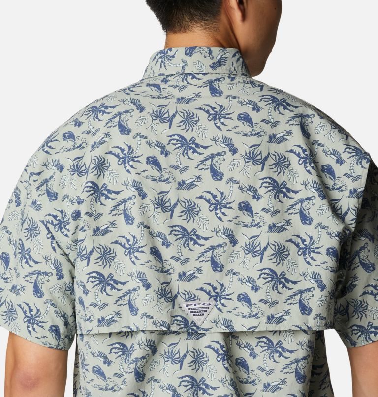 Men's Columbia PFG Super Bahama Short Sleeve Shirts Grey / Navy | CA-C63C0