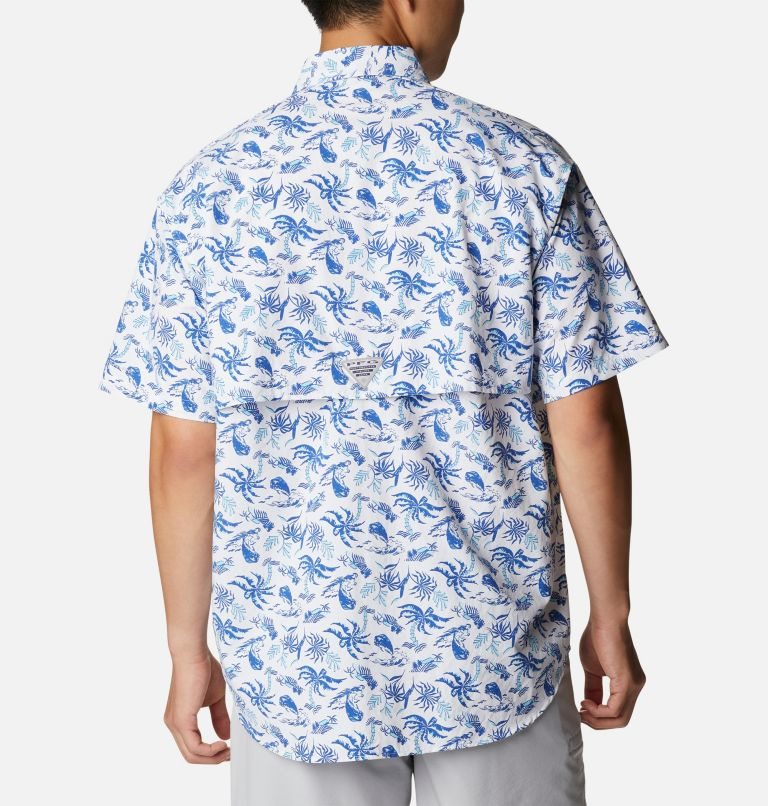 Men's Columbia PFG Super Bahama Short Sleeve Shirts White / Blue | CA-UAC53